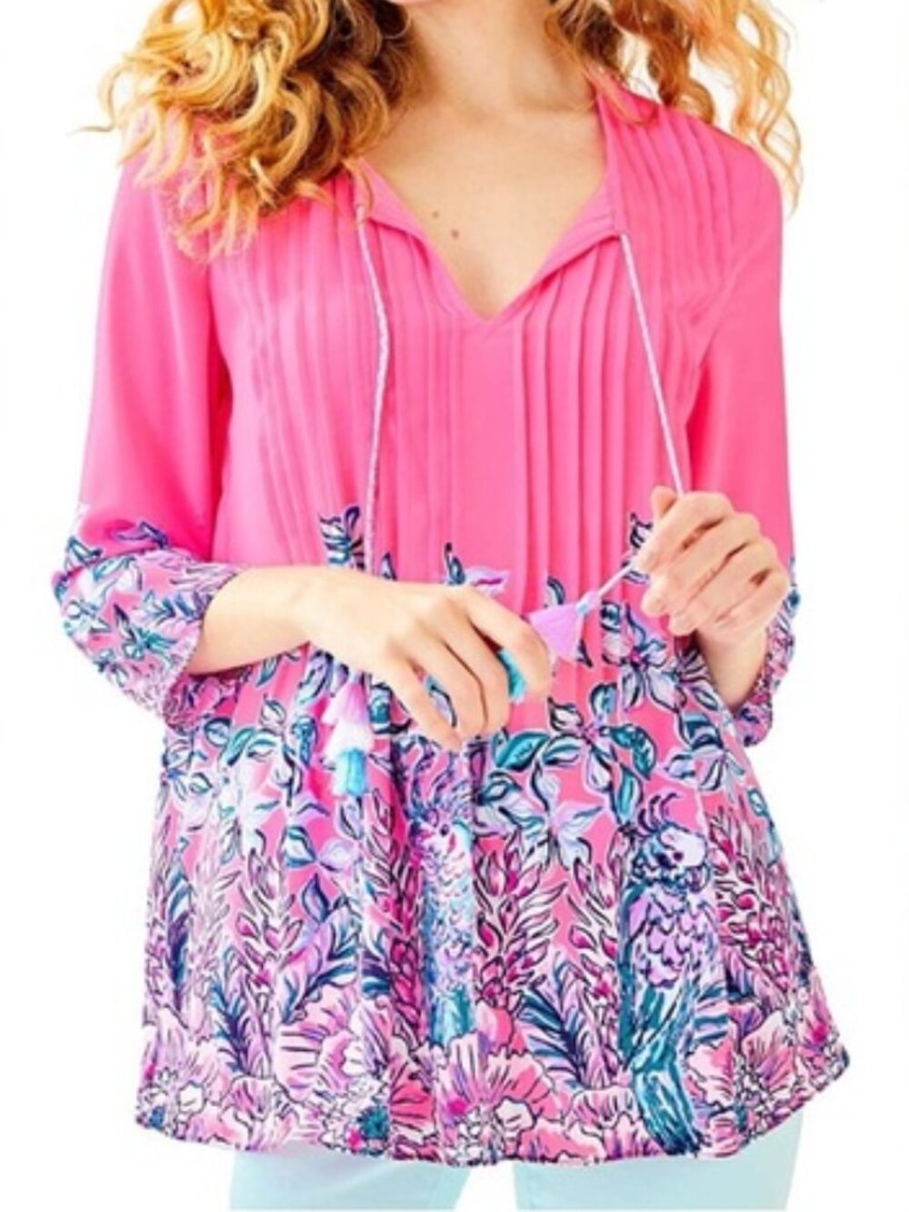 Lilly Pulitzer Marilina Pleated Tassel Tunic Blouse in Pink Tropics